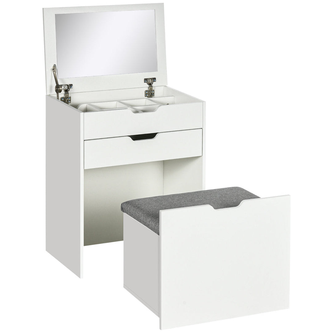 OmkarWood Compact Flip-Top Dressing Table with Cushioned Storage Stool – White Matte Finish