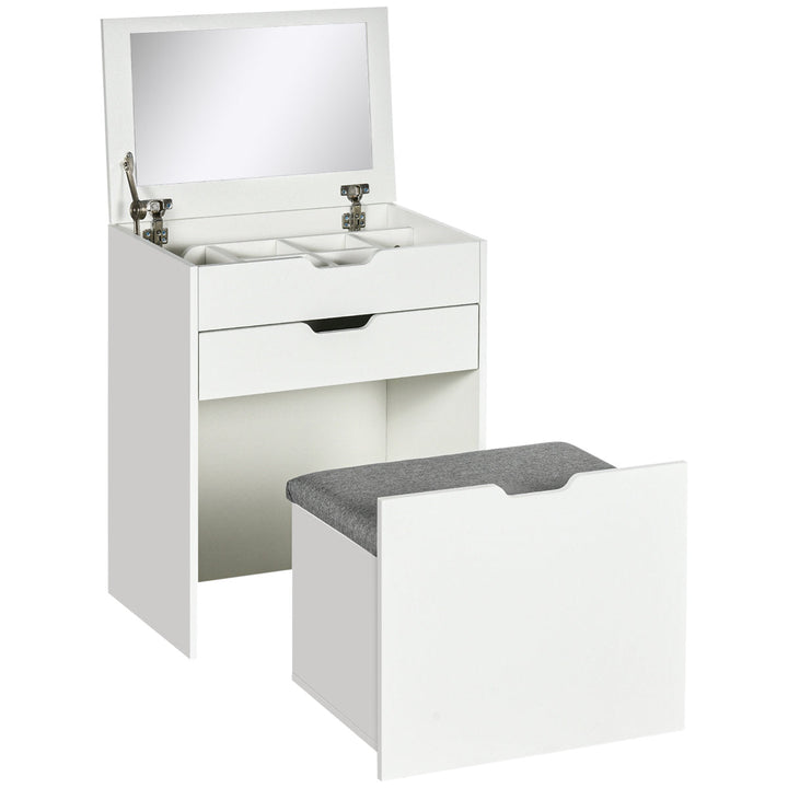 OmkarWood Compact Flip-Top Dressing Table with Cushioned Storage Stool – White Matte Finish