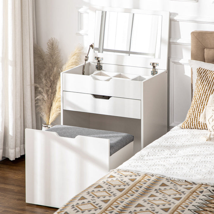 OmkarWood Compact Flip-Top Dressing Table with Cushioned Storage Stool – White Matte Finish