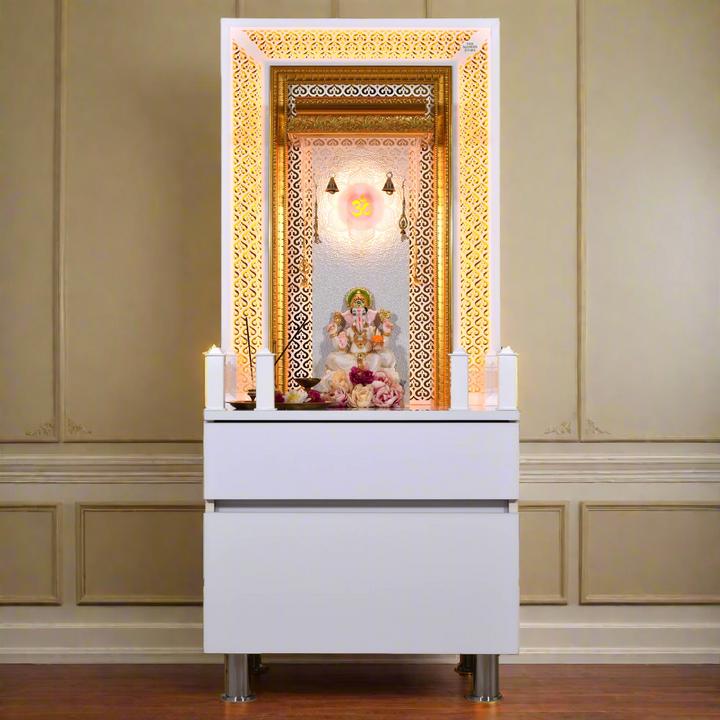 Victoria White Glossy Wooden Pooja Mandir for Flats Home with Storage and Lighting