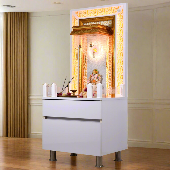 Victoria White Glossy Wooden Pooja Mandir for Flats Home with Storage and Lighting