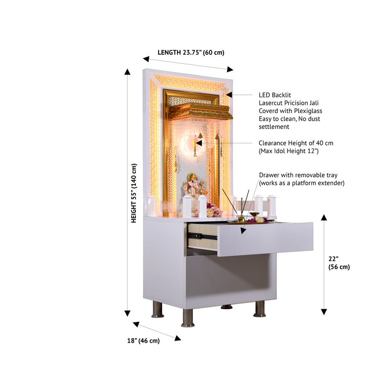Victoria White Glossy Wooden Pooja Mandir for Flats Home with Storage and Lighting