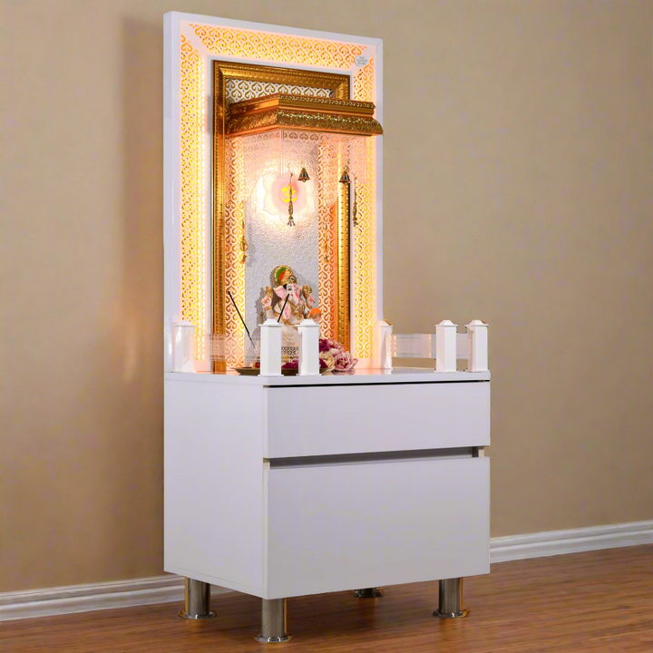 Victoria White Glossy Wooden Pooja Mandir for Flats Home with Storage and Lighting