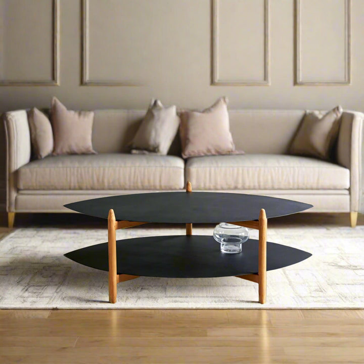 Vivaan Coffee Table  – Black Powder - Coated Iron Top & Shelf, Mango Wood Legs (Oval, W110 D73 H39 cm)
