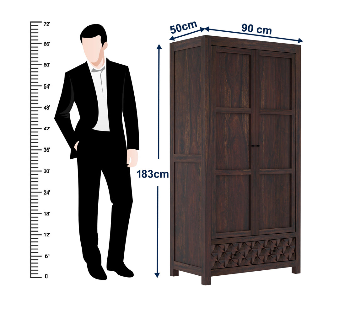 Rebeca Two Door and One Drawer Storage Solid Sheesham Wood Wardrobe