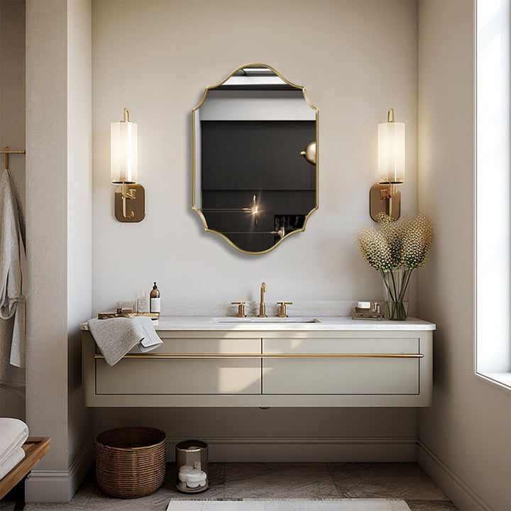 Riri Elegant Irregular Quatrefoil Bathroom Decor Mirror with Golden Wooden Finish Wall Mirror