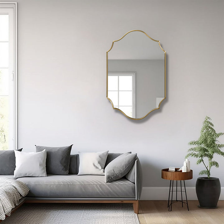 Riri Elegant Irregular Quatrefoil Bathroom Decor Mirror with Golden Wooden Finish Wall Mirror