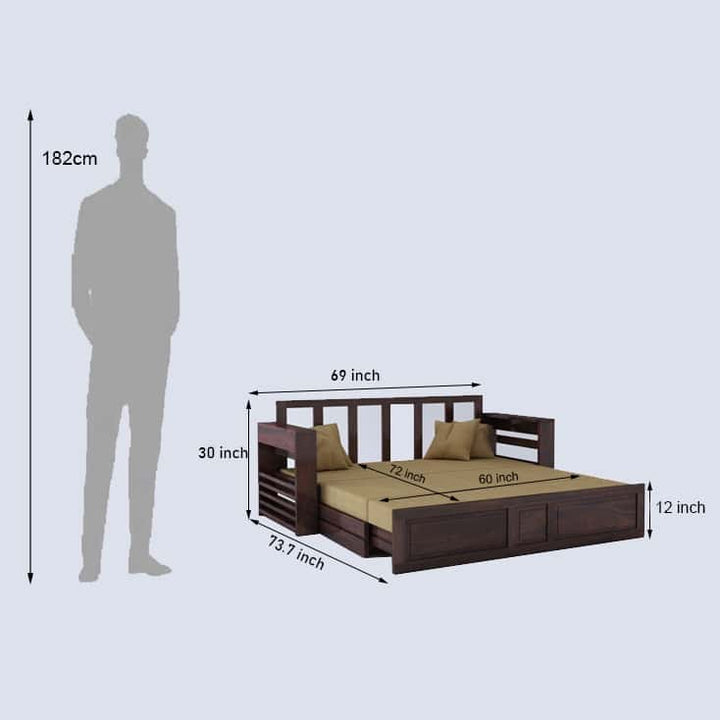 Catalina Solid Sheesham Wood 3 Seater Sofa Cum Bed Walnut with Side Pockets