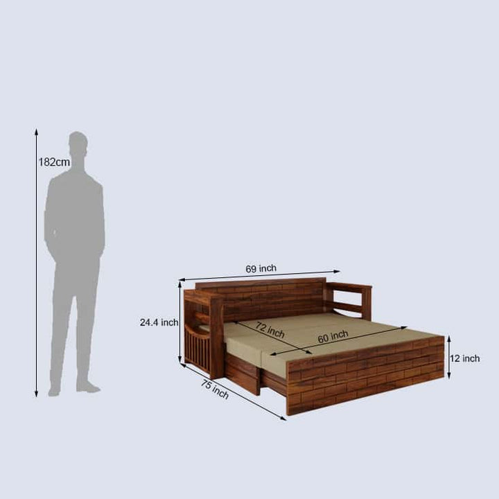 Harmony Solid Sheesham Wood 3 Seater Sofa Cum Bed With Headboard and Mini Storage