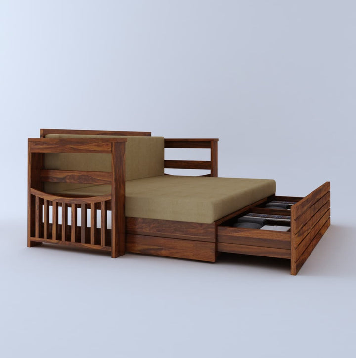 Harmony Solid Sheesham Wood 3 Seater Sofa Cum Bed With Headboard and Mini Storage
