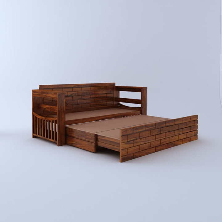 Harmony Solid Sheesham Wood 3 Seater Sofa Cum Bed With Headboard and Mini Storage