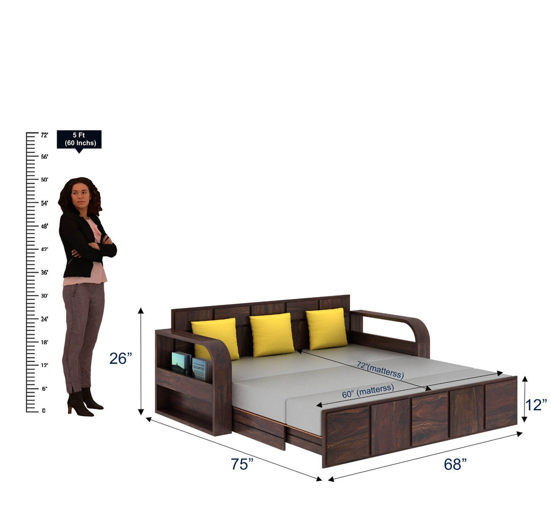 Magnolia Solid Sheesham Wood 3 Seater Sofa Cum Bed with Headboard Design
