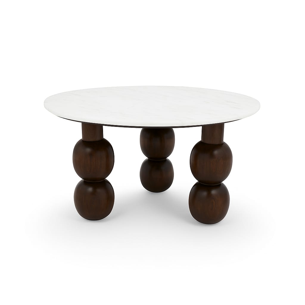 Shaurya Premium Round Center Table with Banswara White Marble Top & Solid Wood Ball Legs – Modern Coffee Table