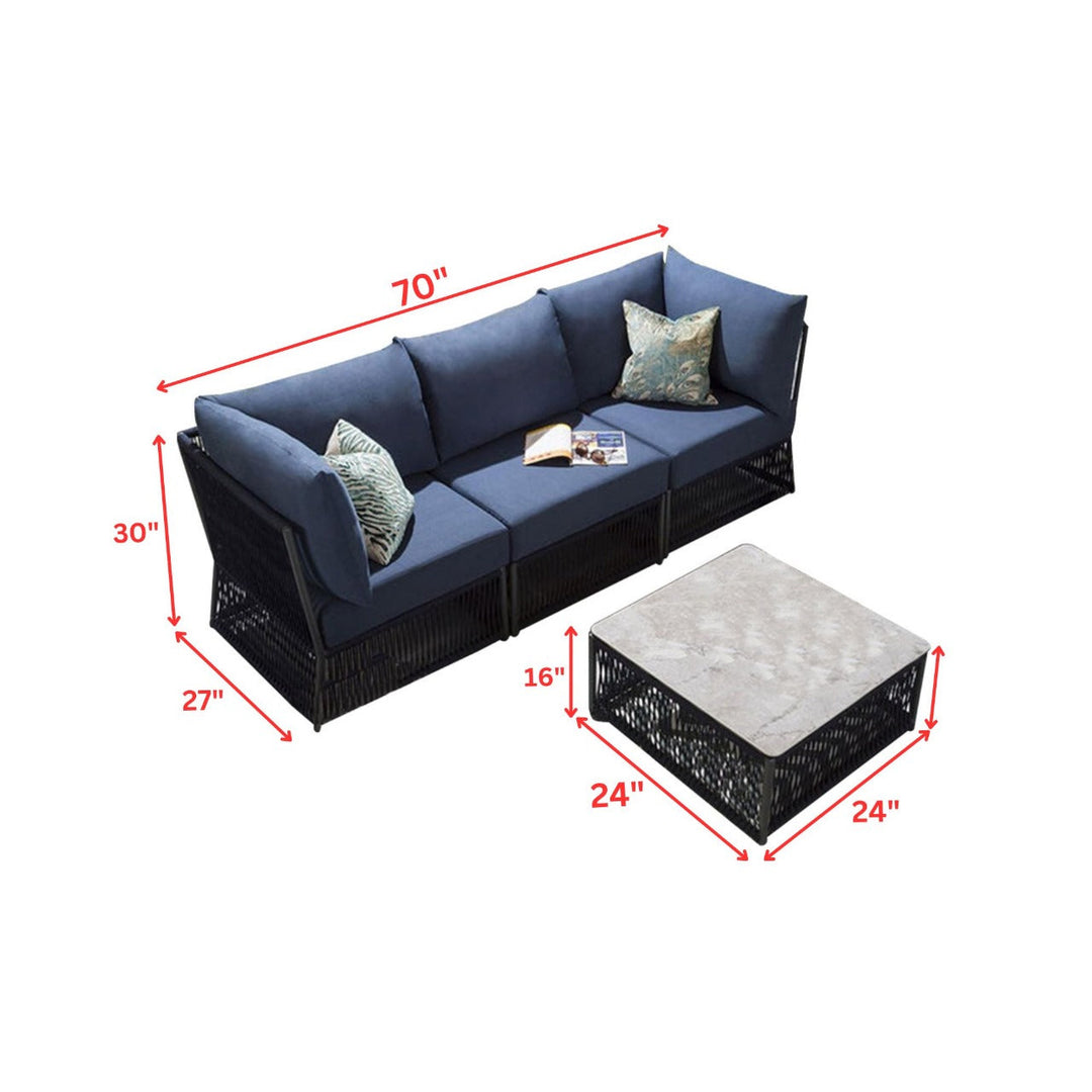 Adán Outdoor Sofa Set 3 Seater and 1 Center Table Set (Blue) Braided & Rope