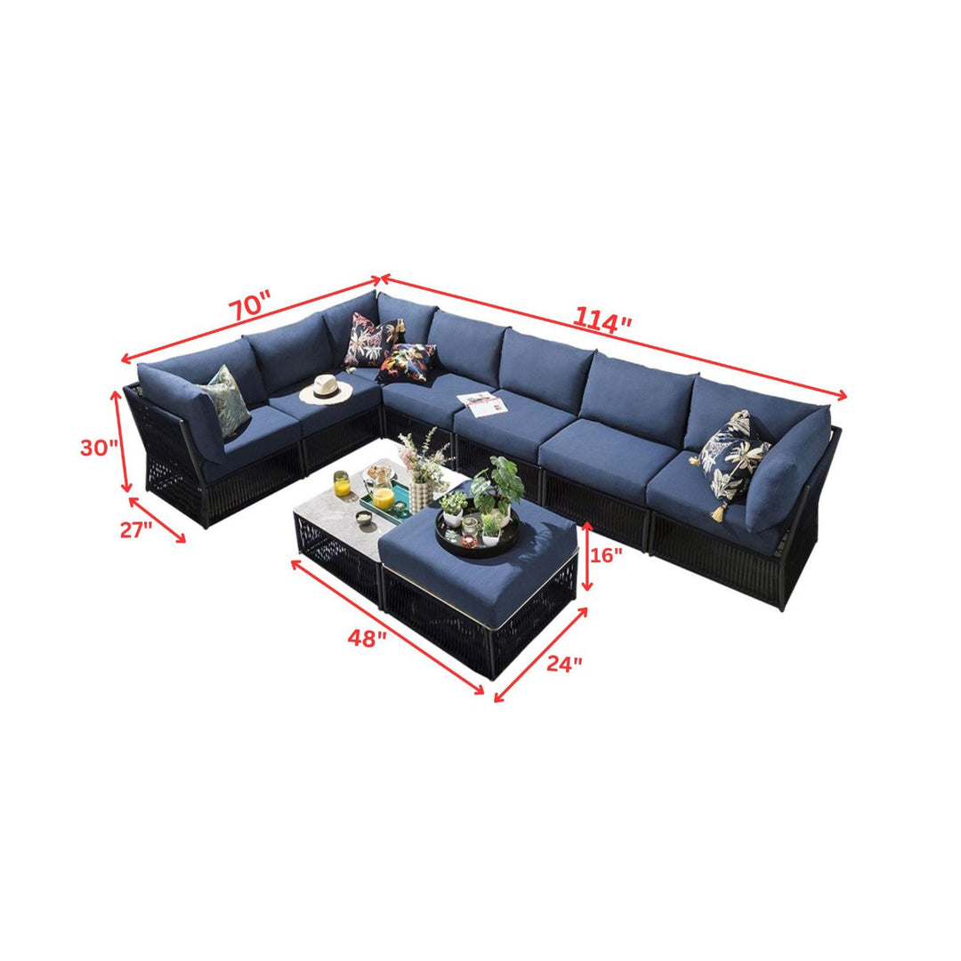 Mauricio Outdoor Sofa Set 7 Seater, 1 Ottoman and 1 Center Table Set (Blue) Braided & Rope