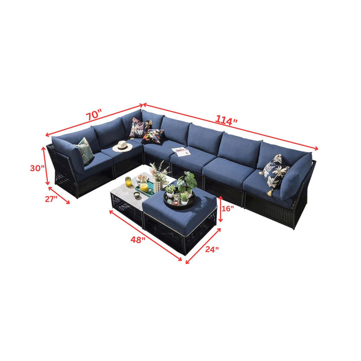 Mauricio Outdoor Sofa Set 7 Seater, 1 Ottoman and 1 Center Table Set (Blue) Braided & Rope