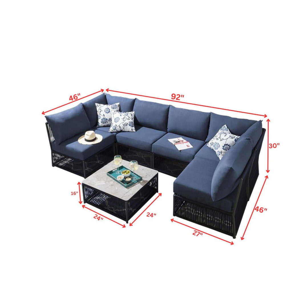 Jerez Outdoor Sofa Set 6 Seater and 1 Center Table Set (Blue) Braided & Rope