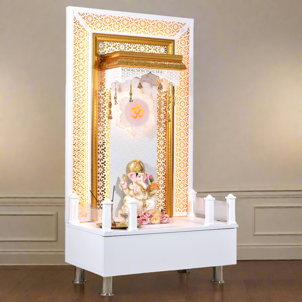 Willow Wooden Designer Mandir for Home In Glossy White Color with Lights