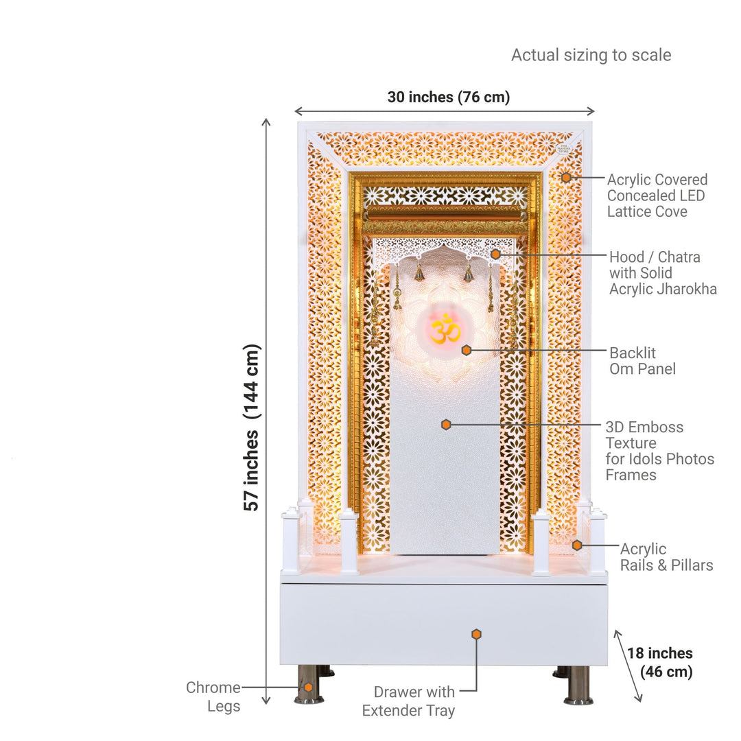 Willow Wooden Designer Mandir for Home In Glossy White Color with Lights