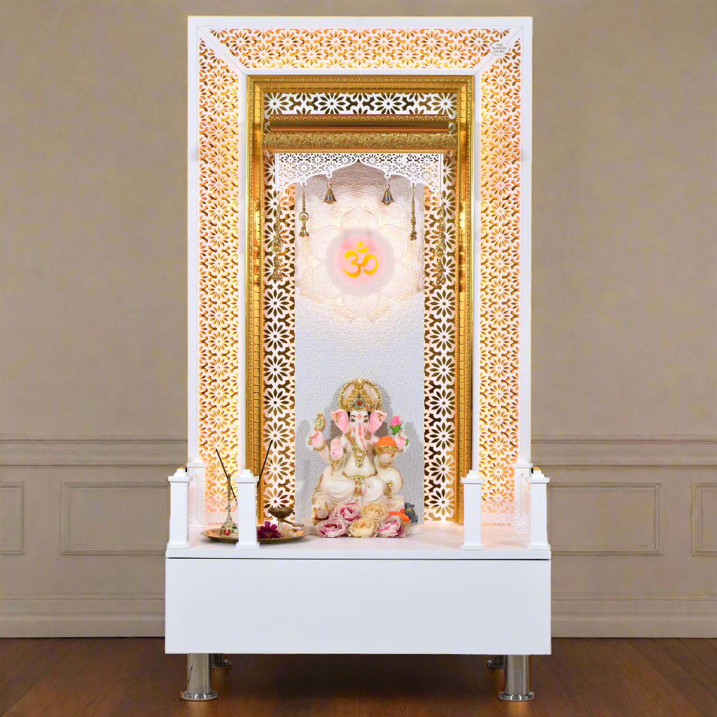 Willow Wooden Designer Mandir for Home In Glossy White Color with Lights