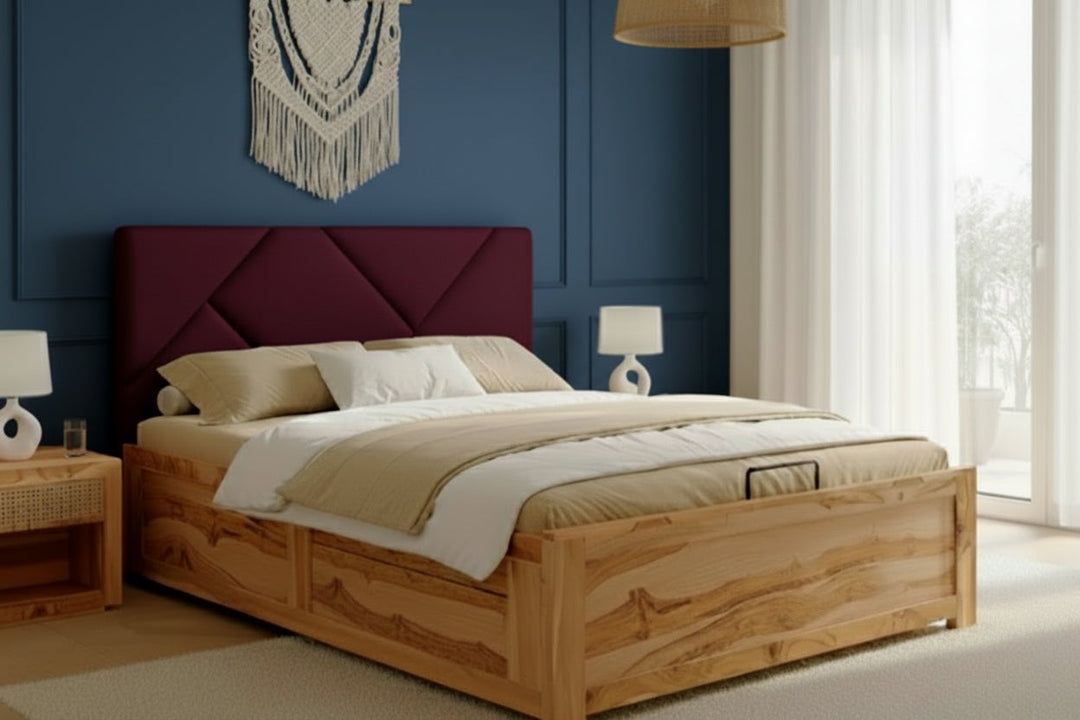 Diep Real Teak Wood Hydraulic Bed King Size Red Wine