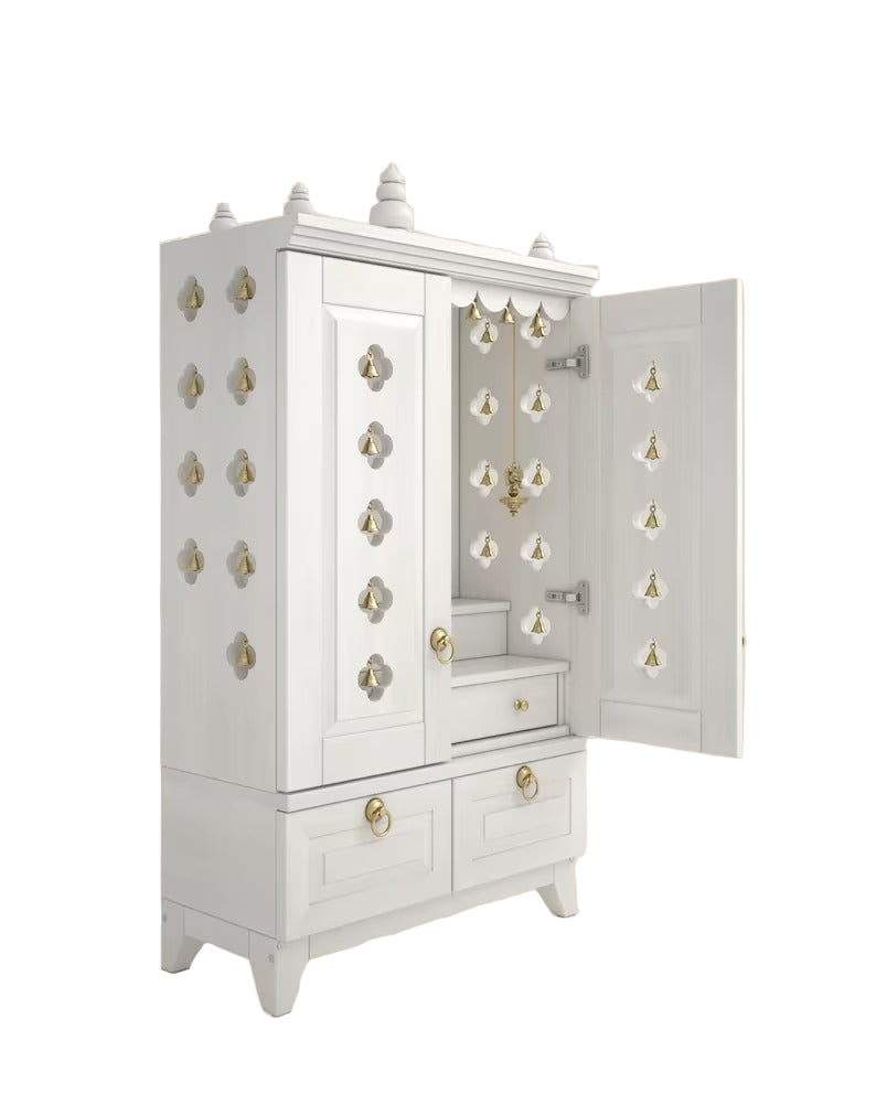 Yulia Solid Wood Pooja Mandir for Home with Doors | Handcrafted Home Temple - White
