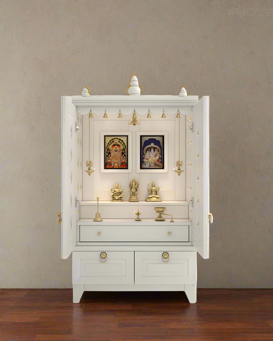 Yulia Solid Wood Pooja Mandir for Home with Doors | Handcrafted Home Temple - White