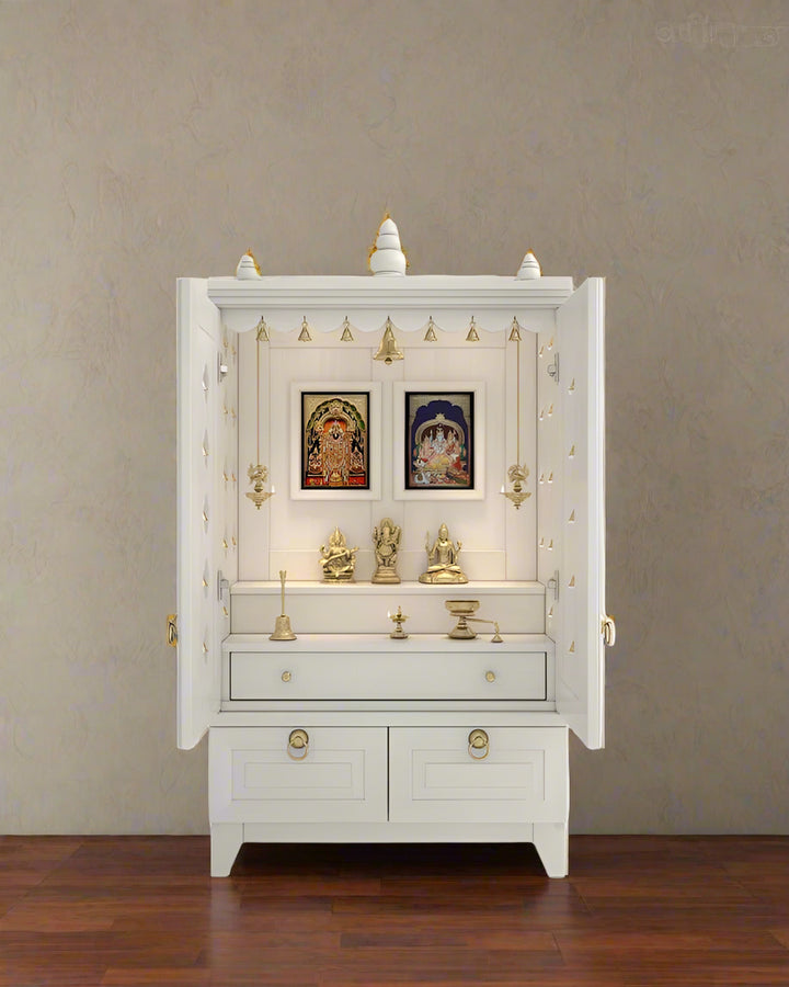Yulia Solid Wood Pooja Mandir for Home with Doors | Handcrafted Home Temple - White