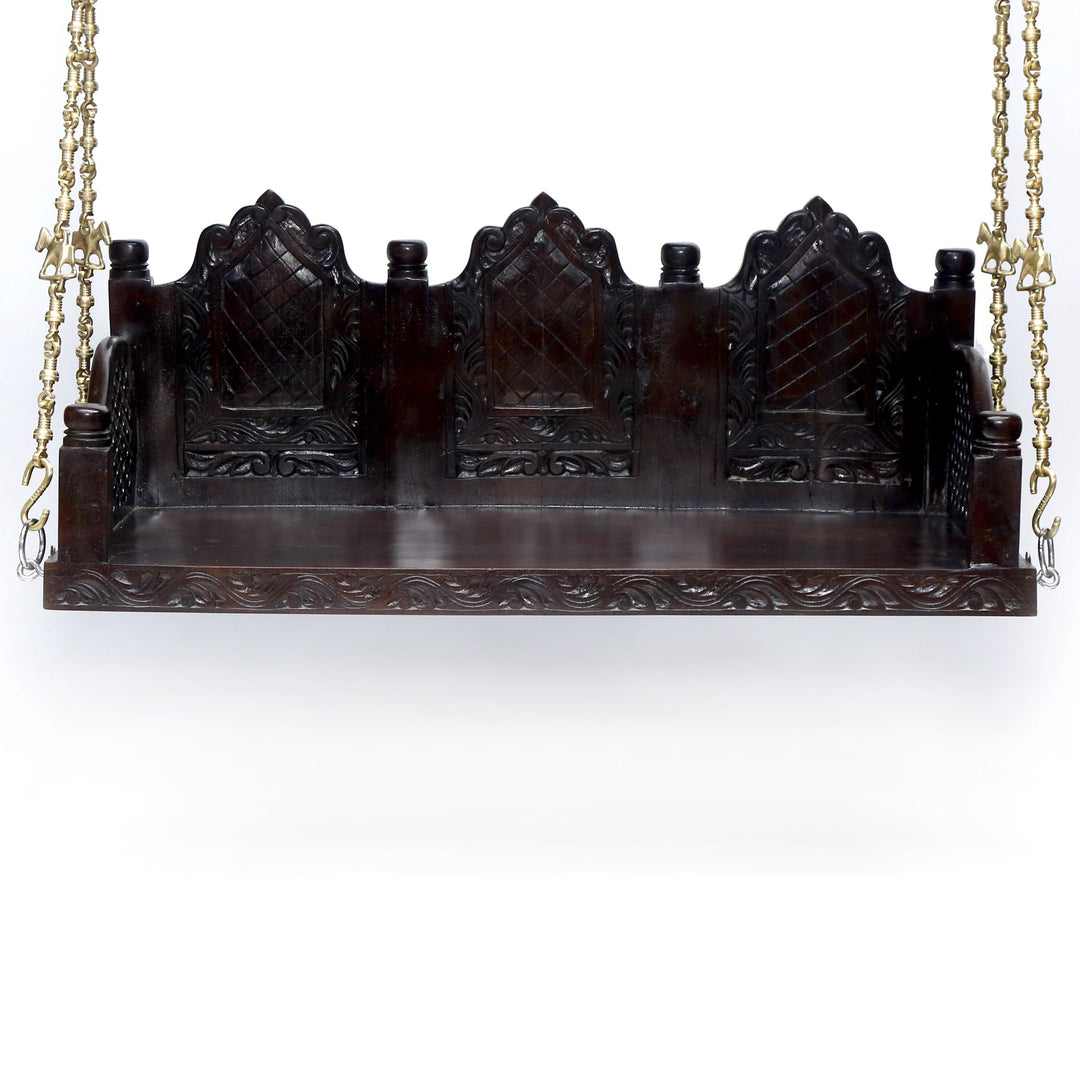 Akshara Wooden Brass Chain Royal Carved Elephants pillar Swing
