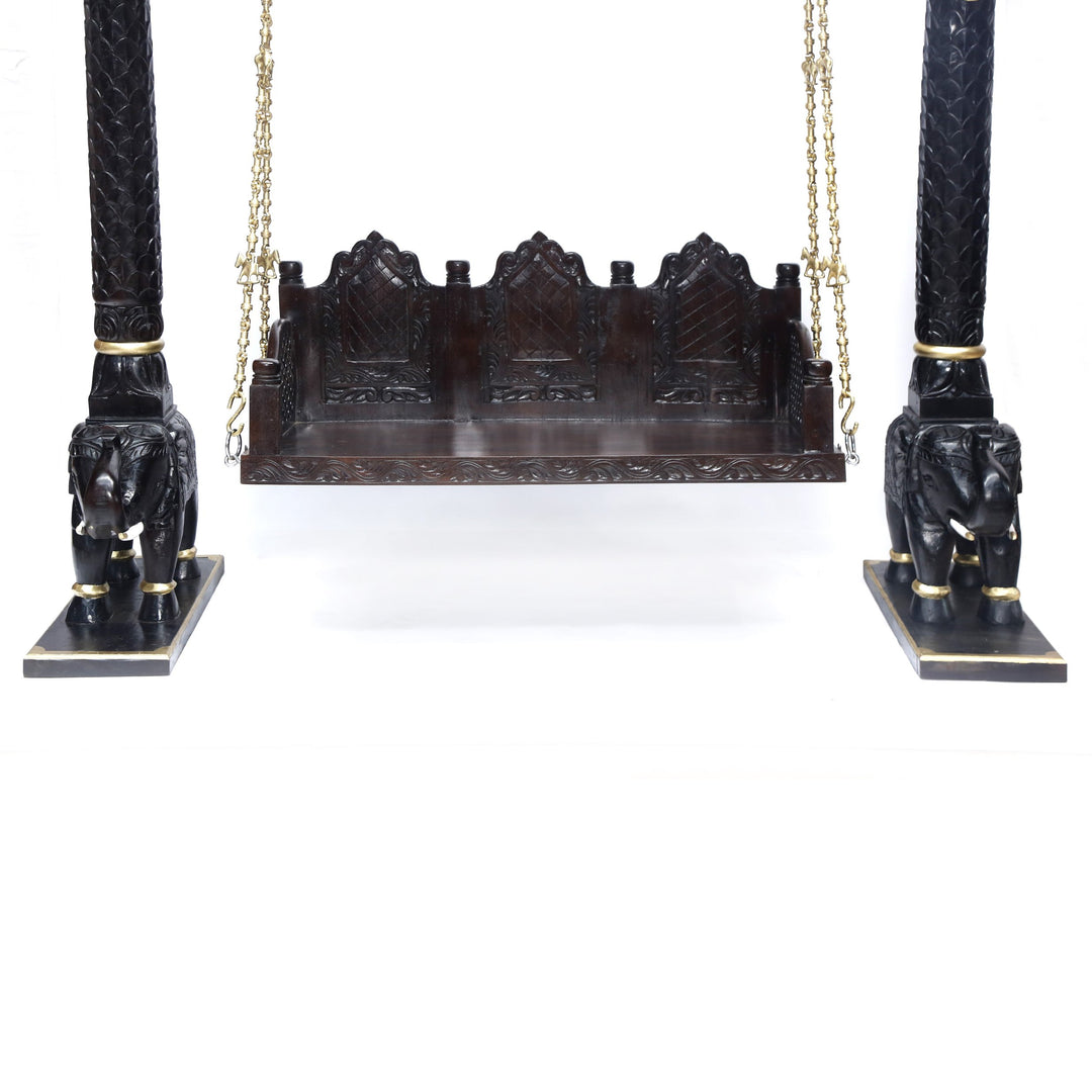 Akshara Wooden Brass Chain Royal Carved Elephants pillar Swing