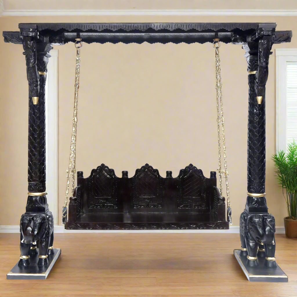 Akshara Wooden Brass Chain Royal Carved Elephants pillar Swing