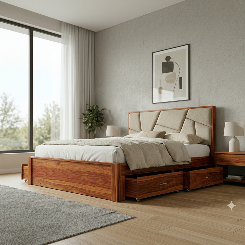 Zane Premium Sheesham Wood Bed with Fabric Headboard