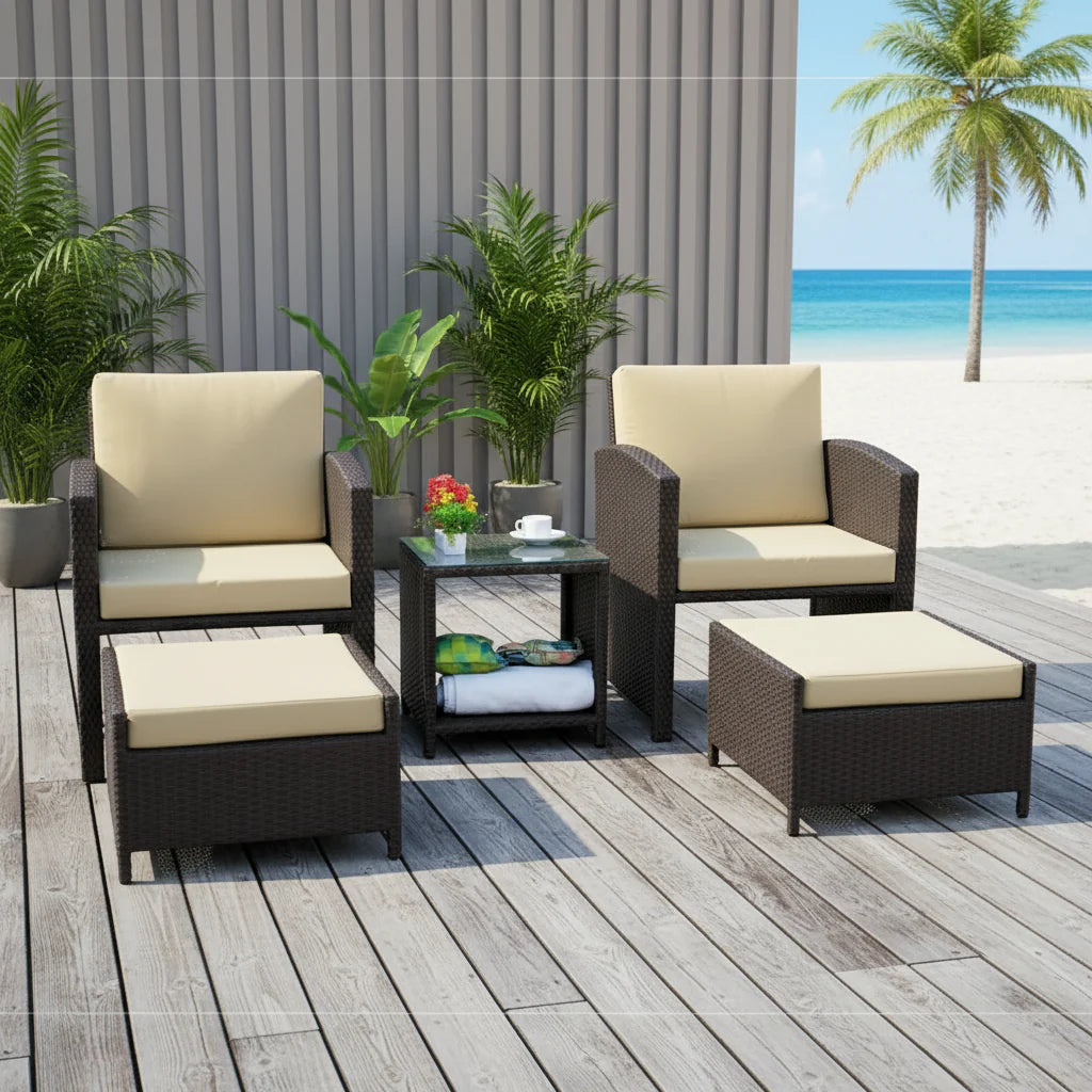 Zeenat Outdoor 5 Piece Patio Wicker All Weather Sectional Furniture Set