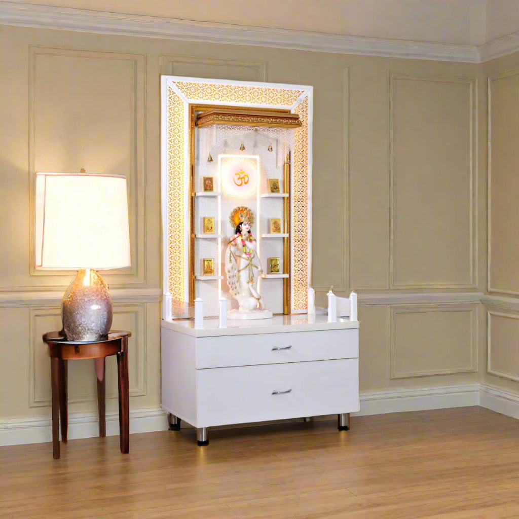 Zuri Designer Large Wooden Mandir with Floating Shelves in Hi Gloss White Colour