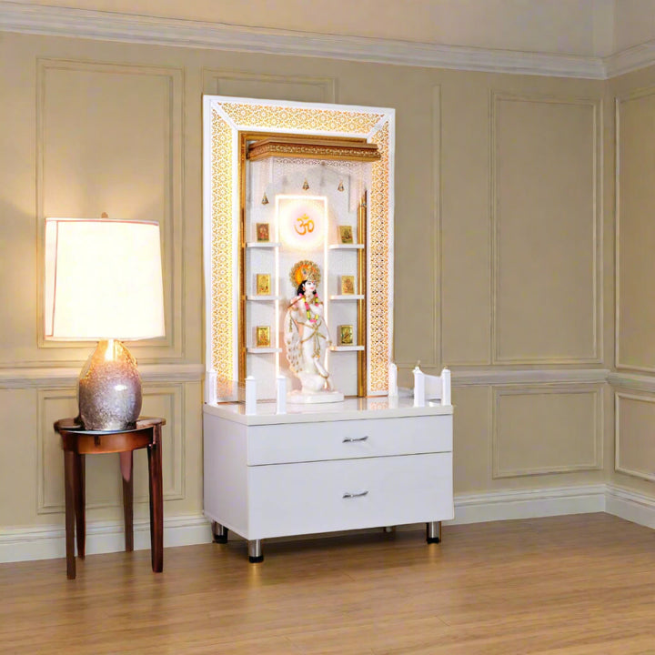 Zuri Designer Large Wooden Mandir with Floating Shelves in Hi Gloss White Colour