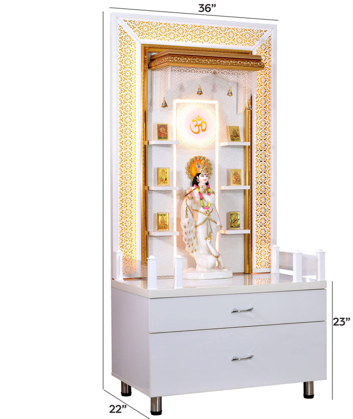 Zuri Designer Large Wooden Mandir with Floating Shelves in Hi Gloss White Colour