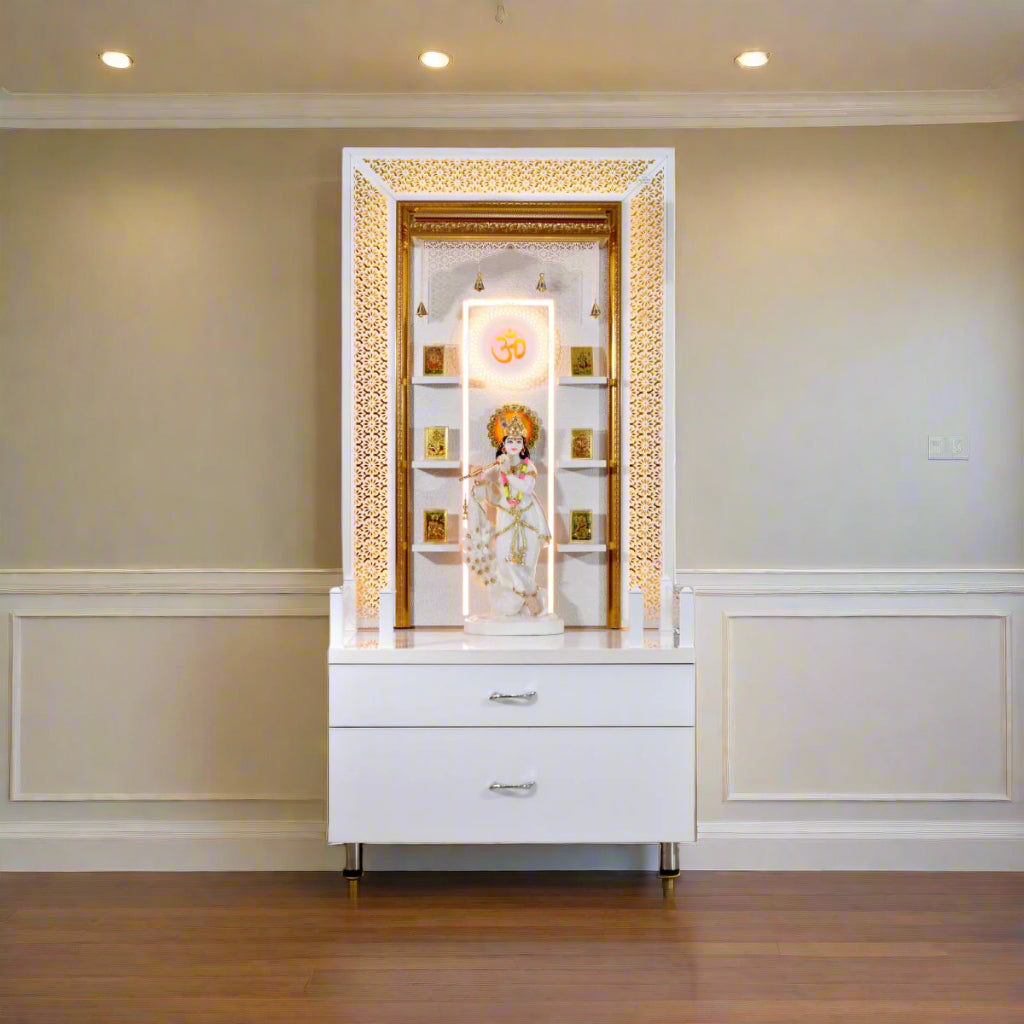 Zuri Designer Large Wooden Mandir with Floating Shelves in Hi Gloss White Colour