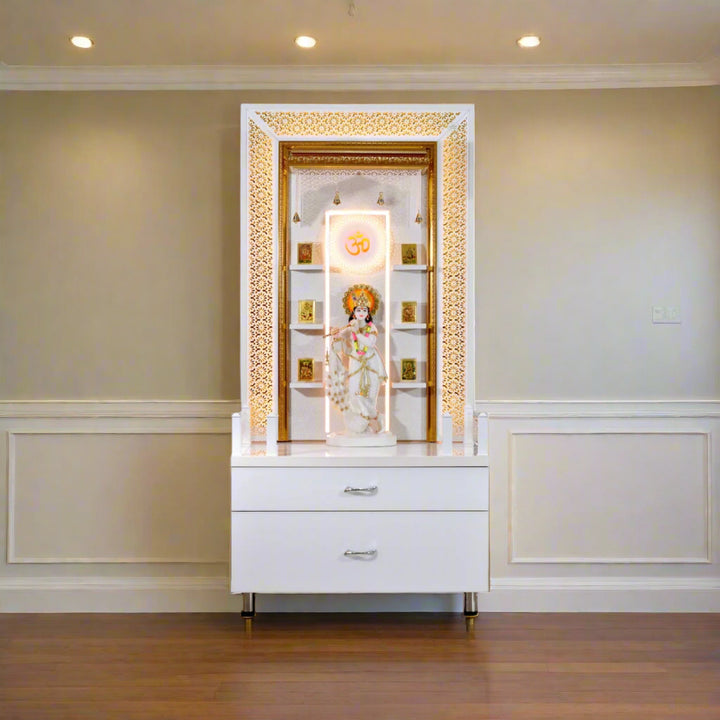 Zuri Designer Large Wooden Mandir with Floating Shelves in Hi Gloss White Colour