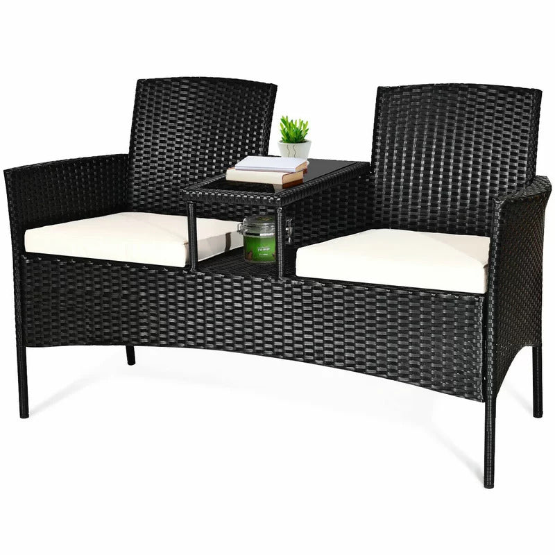 Dreamline Outdoor Furniture Garden Patio Seating Set of 2 Attached Chairs and Table Set Balcony Furniture Coffee Table Set(Black)
