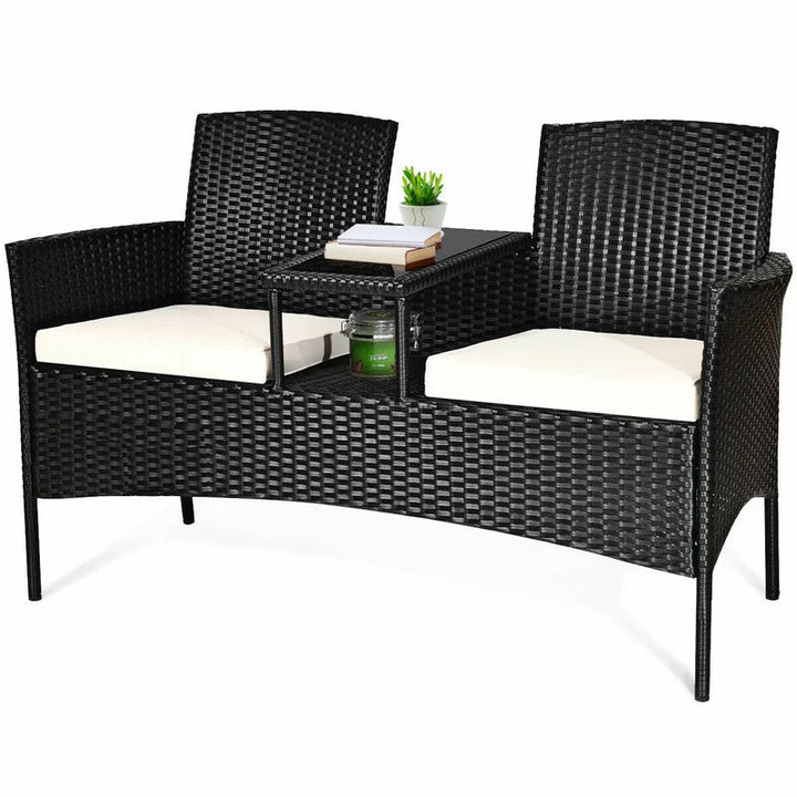 Dreamline Outdoor Furniture Garden Patio Seating Set of 2 Attached Chairs and Table Set Balcony Furniture Coffee Table Set(Black)