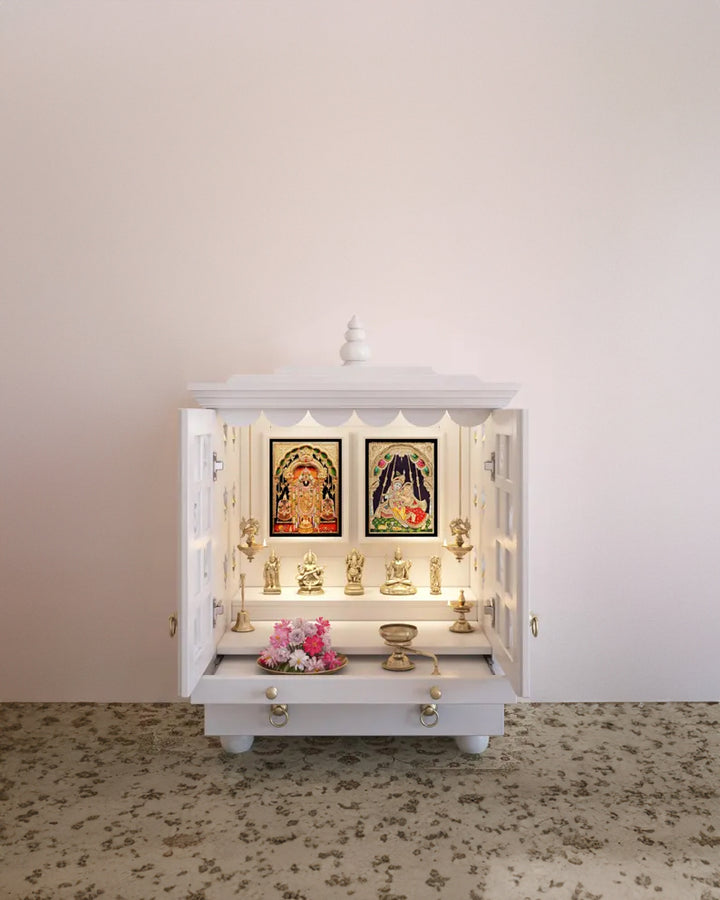 Tatiana Compact White Solid Wood Pooja Mandir for Home | Handcrafted Home Temple with Tray