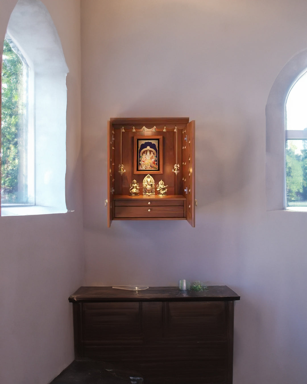 Elena - Traditional Pooja Mandir for Home with Doors, Brass Bells & Lamps | Handcrafted Wooden Home Temple