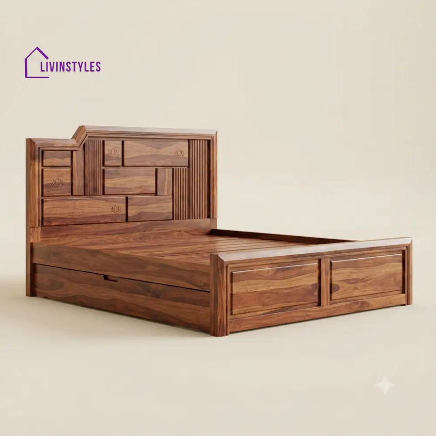 Aadhira Sheesham Wood Bed With Box Storage | Wooden Bed