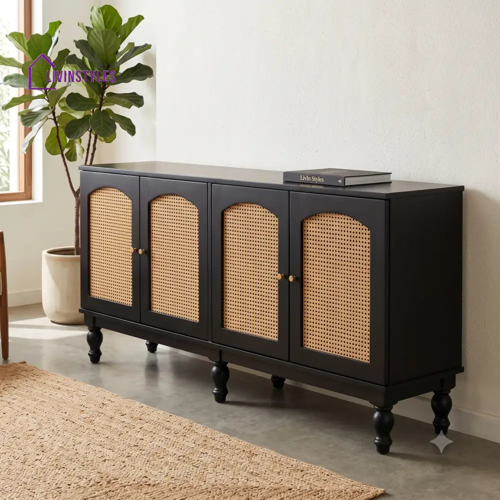 Aadhira Solid Wood Sideboard and Cabinet in Black Finish