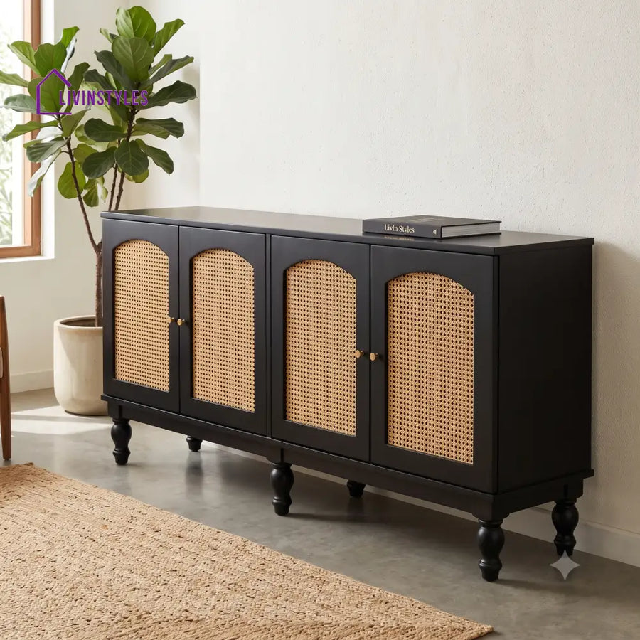 Aadhira Solid Wood Sideboard and Cabinet in Black Finish