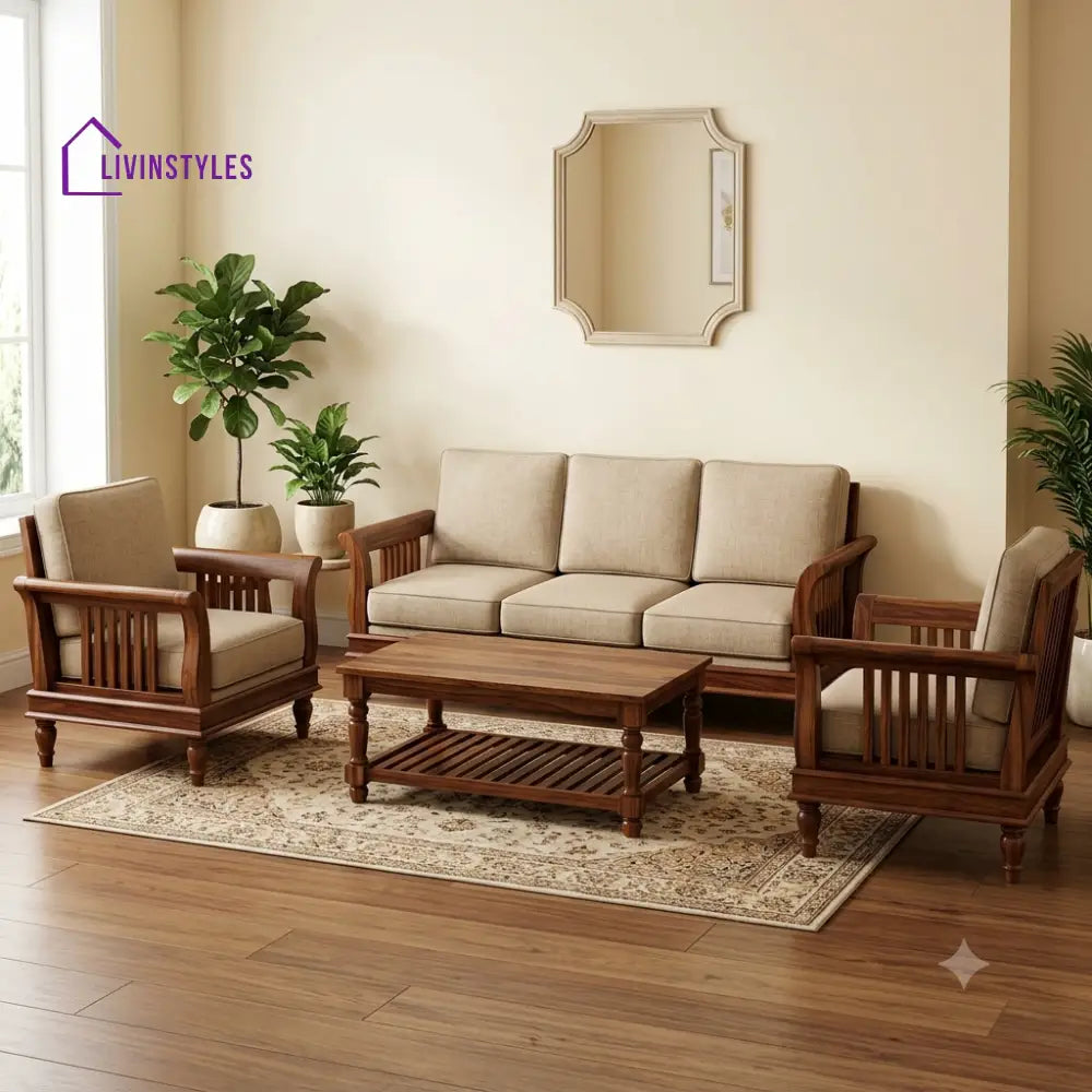 Aadhira Wooden Sofa Set | 3 + 1 + 1 Sheesham Wood Sofa Set for Living Room