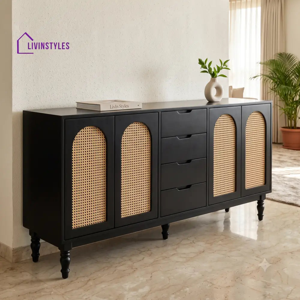 Aahana Solid Wood Sideboard and Cabinet in Black Finish