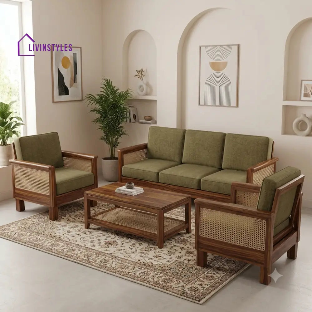 Aahana Wooden Sofa Set | 3 + 1 + 1 Sheesham Wood Sofa Set for Living Room