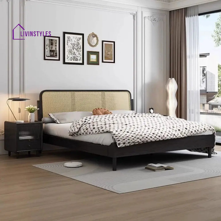 Aakesh Solid Wood And Cane Weaving Bed without Storage