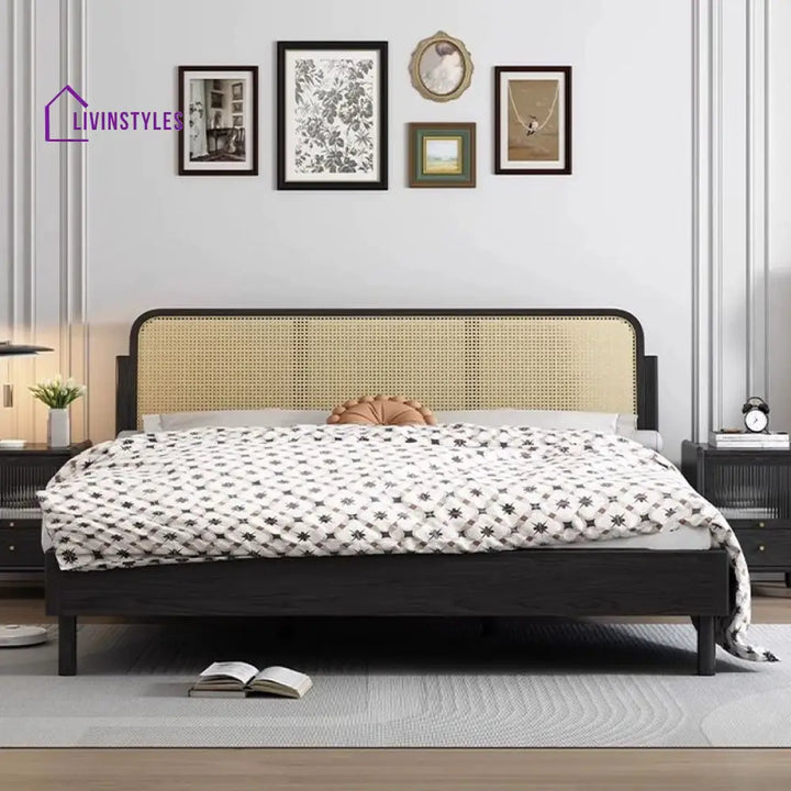 Aakesh Solid Wood And Cane Weaving Bed without Storage